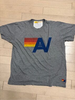 Aviator Nation Gray Tee with Blue 'A' and Red-Orange-Yellow Stripe
